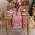 Red and beige jacquard Christmas table runner with tassels in a festive home setting - Dark Red Disc Pattern With Fringed Edges