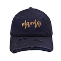 Distressed navy baseball cap with gold Mama embroidery and vintage ripped details - Adjustable / Black (Mama Embroidery)