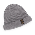 Detail of grey ribbed knit beanie featuring a wide cuff and black rectangular side label - Light Gray