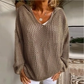 Suéter con capucha de punto hueco caqui de ajuste relajado con cómodo diseño de cuello en V - S / Tops / Gris oscuro