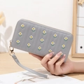 Grey long PU leather wallet featuring floral embroidery and zip-around closure with wristlet - Gray