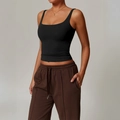 Slim fit black square neck yoga tank top for women in a professional studio shot - Black