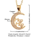 Detail showing dimensions and material of gold moon MOM necklace with zircons - Gold-D389