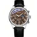 Men's business quartz watch with black leather strap, silver case and brown dial - Brown Dial/Black Strap/Silver Case