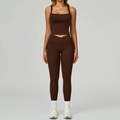 Ensemble de yoga marron foncé avec débardeur à col carré et legging taille haute à poches - Café (Débardeur + Leggings)