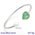 Silver stainless steel open bangle with a heart green crystal and white shell pearl - Silver Green Heart Shell Pearl Style (KB123120-K)