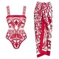 Costume intero etnico rosso e bianco con gonna pareo coordinata e stampa floreale - S / Set da Bagno
