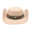 Beige wool felt western cowboy hat with ethnic turquoise band and fringe tassels - Beige (Ethnic Style)