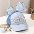 Detail of light blue mesh baseball cap with pearl bow and rhinestone baby letters - 2-10 Years (48-54cm) / Blue (Baby Rhinestone)
