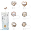 6-piece set of white pearl and rhinestone button straw covers for 10mm cups - Button Pearl Rhinestone Style
