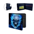 Modische Herren-Brieftasche aus PU-Leder mit coolen blauen Flammen-Totenkopf-Motiv - Blauer Feuer-Schädel (ZDQB-035)