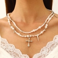 Double-layered necklace with white pearls, silver metal beads, cross and spike pendants - Pearl Silver Bead Cross Spike Double Layer Style
