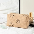 Beige corduroy makeup bag with smiling face prints and metal zipper closure - Khaki Heart-Eye Medium Makeup Bag