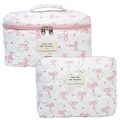 Quilted cotton cosmetic bag set with pink bow print and top handle for travel storage - Hollow Bow