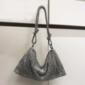 Detail of silver rhinestone evening bag featuring unique double knotted strap design - Standard Size / Carbon Black