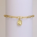 18k gold paperclip chain bracelet with a sparkling crystal square letter V charm - Letter V