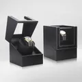 Mini automatic watch winder in black ostrich and carbon fiber finish with white stitching - Ostrich Pattern Black + Black Fiber (1+0)