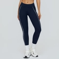 Navy blue high-waisted yoga pants with white contrast side stripes for women - S / Abyss Blue