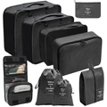 Black 8-piece travel luggage organizer set with mesh bags and hanging toiletry kit - Toiletry Bag 9-Piece Set / Black