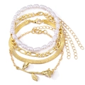 4-piece layered gold chain bracelet set with white pearls and rose pendant - Style 4-Gold Pearl Rose Flower Set