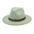 Detail of mint green wool fedora hat featuring brown leather band with silver rivets - M(56-58cm) / Mint Green
