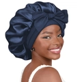Navy blue satin sleep cap with large decorative bow and elegant silky ribbon finish - Large / Navy Blue