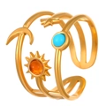 Bague multi-rangs dorée style bohème avec breloques lune, étoile, soleil et perles colorées - Style Perles Colorées Soleil Lune Étoile Triple Couche (9040)