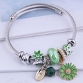Bohemian silver wire bangle with green enamel daisy charms and crystal beads - 10# Green Flower & Daisy