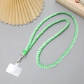 Detailed view of green and white braided phone lanyard with silver metal clasp and clip - Green/White