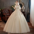 Abito da sposa champagne con spalle scoperte, ricami floreali e dettagli di paillettes - S / Champagne Lunghezza al Suolo
