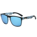 Polarized sports sunglasses with matte black frame and ice blue inner lining - Transparent Blue Frame Blue Mirrored Lens / Zebra Pattern