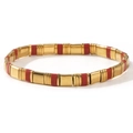 Handmade elastic Tila bead bracelet featuring gold metal and red enamel tiles - Red