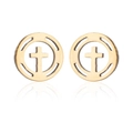Macro shot of gold hollow circular stud earrings featuring classic cross pendants - Round Hollow Cross / Gold