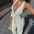 Women's summer green striped backless halter top and pants casual two-piece set - L / Light Green
