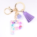 Detailed macro view of resin letter P keychain with purple stones and gold clasp - Letter P