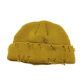 Ginger yellow knitted beanie featuring distressed holes with silver rings and pin - Yellow