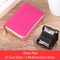 Rose red lychee pattern leather accordion card holder with 9 slots and golden zipper - 9 Card Slots + 2 Multi-functional Slots / Rose Red