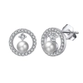 Elegant S925 sterling silver stud earrings featuring circular halo, pearl, and zircon - Silver Pearl Round Style (定-APE69-P)