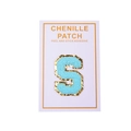 Blue chenille letter S patch with gold glitter edge and peel and stick adhesive backing - Light Blue Letter S