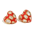 18K gold plated heart stud earrings with red enamel and sparkling clear crystal stones - Gold