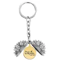 Detail of opening sunflower keychain with I love you TO THE MOON and back engraving - T00009 Silver Shell Gold Disc (I love you to the moon and back)