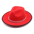 Red wool fedora hat with bold silver chain trim and black contrast piping edge - M(56-58cm) / Red