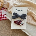 Detail of handmade bow hair clips in gray cotton and red plaid with lace and button - Grey Bowknot + Water Drop Button