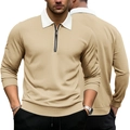 Men's khaki waffle knit long sleeve polo shirt with white contrast collar and zip neck - Khaki