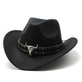 Chapeau de cowboy en feutre noir avec ruban tissé coloré et décoration de crâne de taureau - Noir