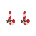 Detail of Christmas candy cane stud earrings with red white enamel and green bow detail - Striped Candy Cane