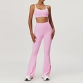 Pink athletic yoga set with thin strap tank top and high waisted flare leggings - S / Sports Bra + Leggings / Sakura Pink