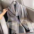 Detail of grey silk mesh scarf with elegant gold beads and metallic gold borders - 195CM / Gray