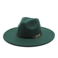 Close-up of deep green wool felt fedora featuring a black leather band and gold chain buckle - M (56-58cm) / Dark Green