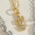 Minimalist 14K gold plated cactus pendant necklace with sparkling zircon stones - Cactus Design-14K Gold (XL2573-3)